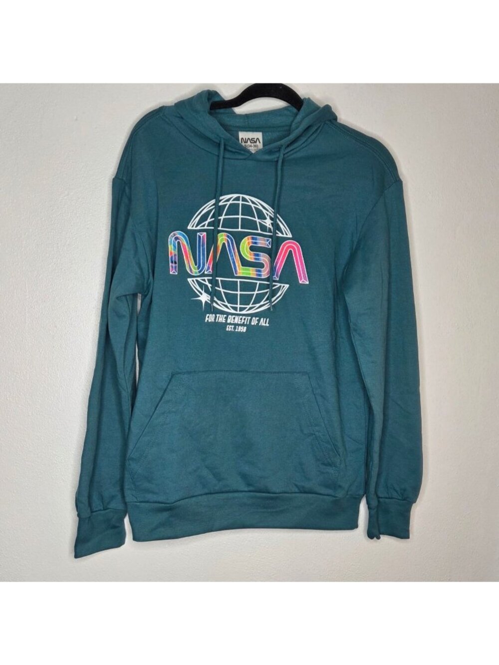NASA Teal Hoodie With Rainbow Logo Graphic Design Size S